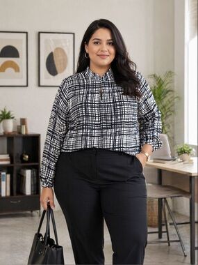 Van Heusen Navy White Grid Print Blouse Size L Long Sleeve Work Office Top NWOT